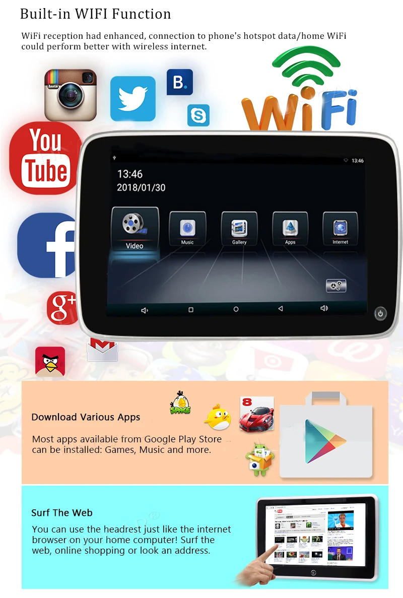 Android 6,0 подголовник 10,8 дюймов монитор HD 1080P ips сенсорный экран MP5 wifi/USB/SD/Bluetooth/fm-передатчик/динамик/игра автомобильный телевизор