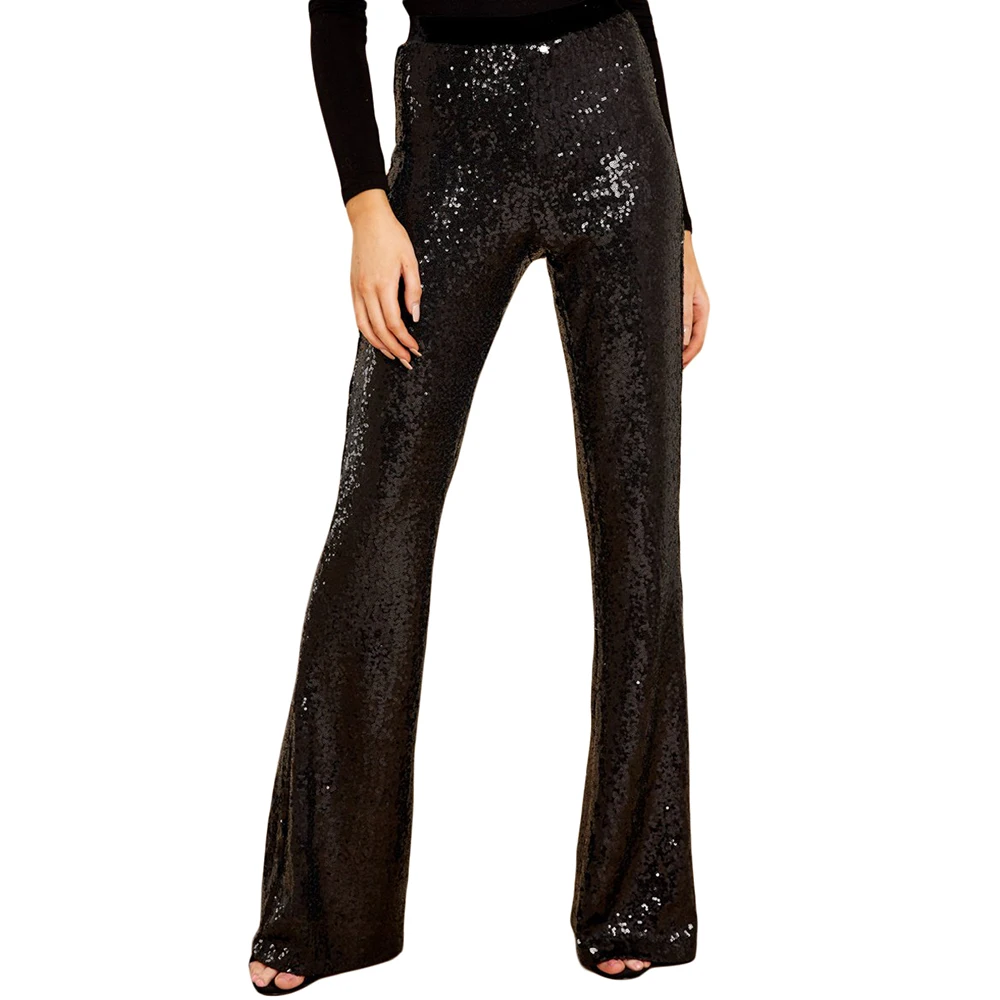 

MQUPIN Silver Black Eye-catching Sequin Wide Leg Pants Hip Hop Fashion Women Clubwear High Waist Trousers for Female Party Dance