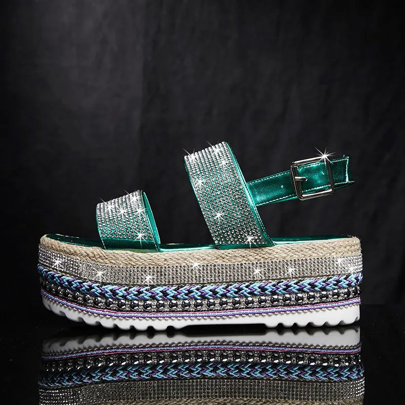Fujin/Европейский стиль; коллекция года; Летние босоножки; шикарная обувь на плоской подошве с открытым носком; стразы на толстой подошве; обувь в римском стиле; Прямая поставка - Цвет: Зеленый