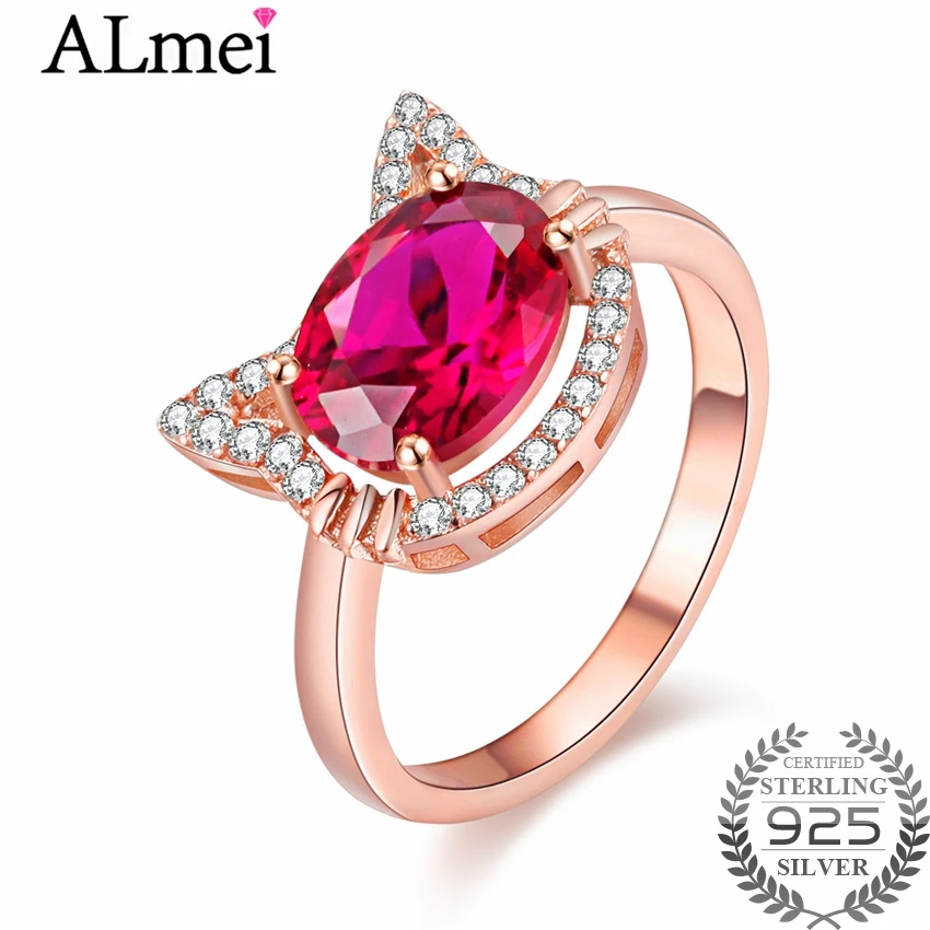 

Almei Red Corundum Kitty Cat Head Rings for Women 925 Sterling Silver Rose Gold Color Jewelry Valentines Day Gift with Box CJ020
