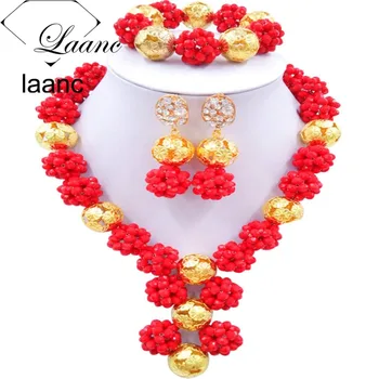 

Brand Laanc 18inches Indian Bride Jewelry Set Red and Gold Women Costume Jewellery African Fashion Nigerian Wedding Beads AL170