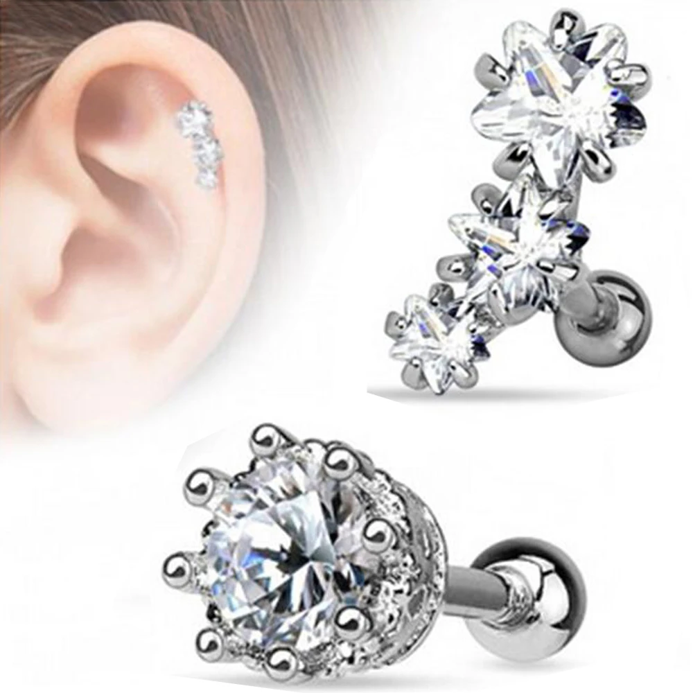 

PAIR Surgical Steel Prong Set Triple Star Zircon Tragus Cartilage Helix Earring Stud Piercing Ear Body Jewelry 18g