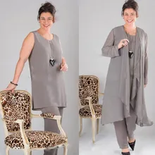 

3 Pieces Gray Wedding Mother Of The Bride Dresses Pants Outfit Custom Plus Size
