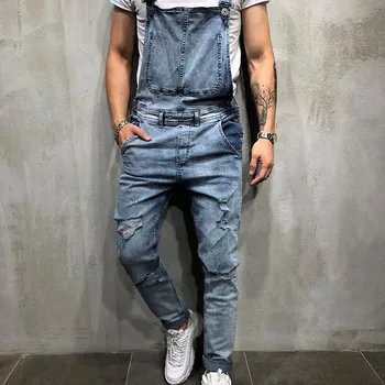 

Men Denim Jumpsuits Vintage Solid Color Holes Casual Bib Overalls QL Sale