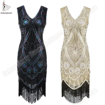 

New 1920s Great Gastby Vintage Flapper Art Deco Double Dresses Tassel Beaded Sequin Women Party Dress V Neck Embellished Fringed