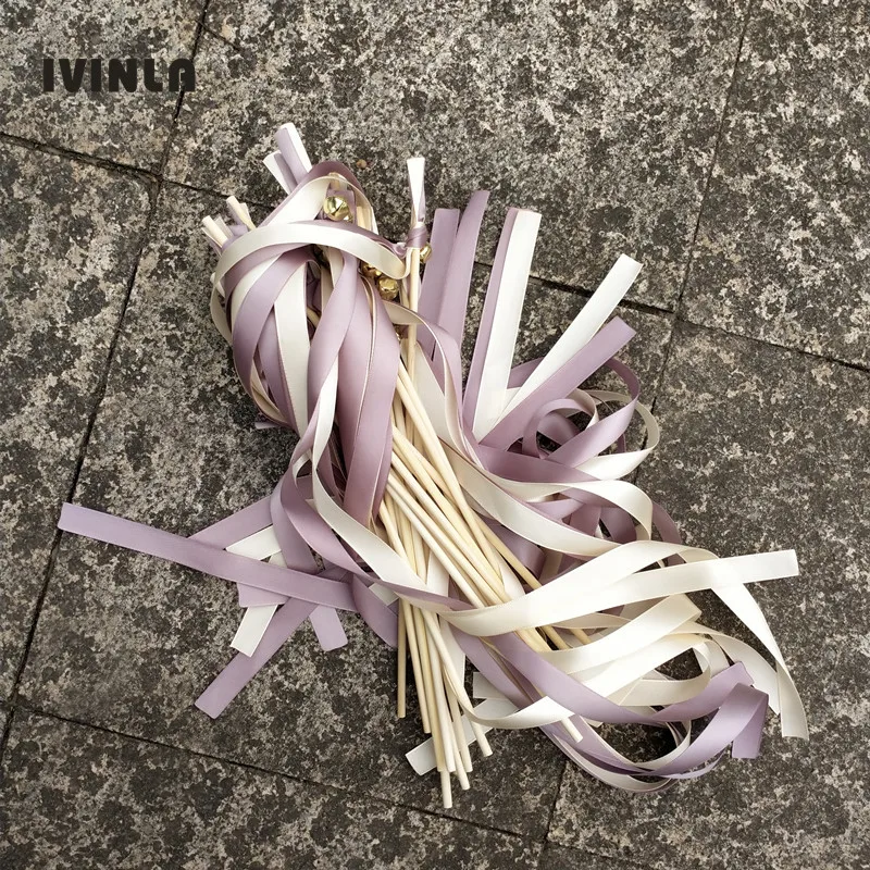 

50pcs/lot purple and cream ribbon Wands with sliver Bells for wedding party