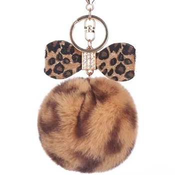 

Leopard Pompom Key Chain Plush Faux Rabbit Fur Keychain Pom Pom Round Ball Trinket Bow Knot Car Bag Key Ring Gift Llaveros