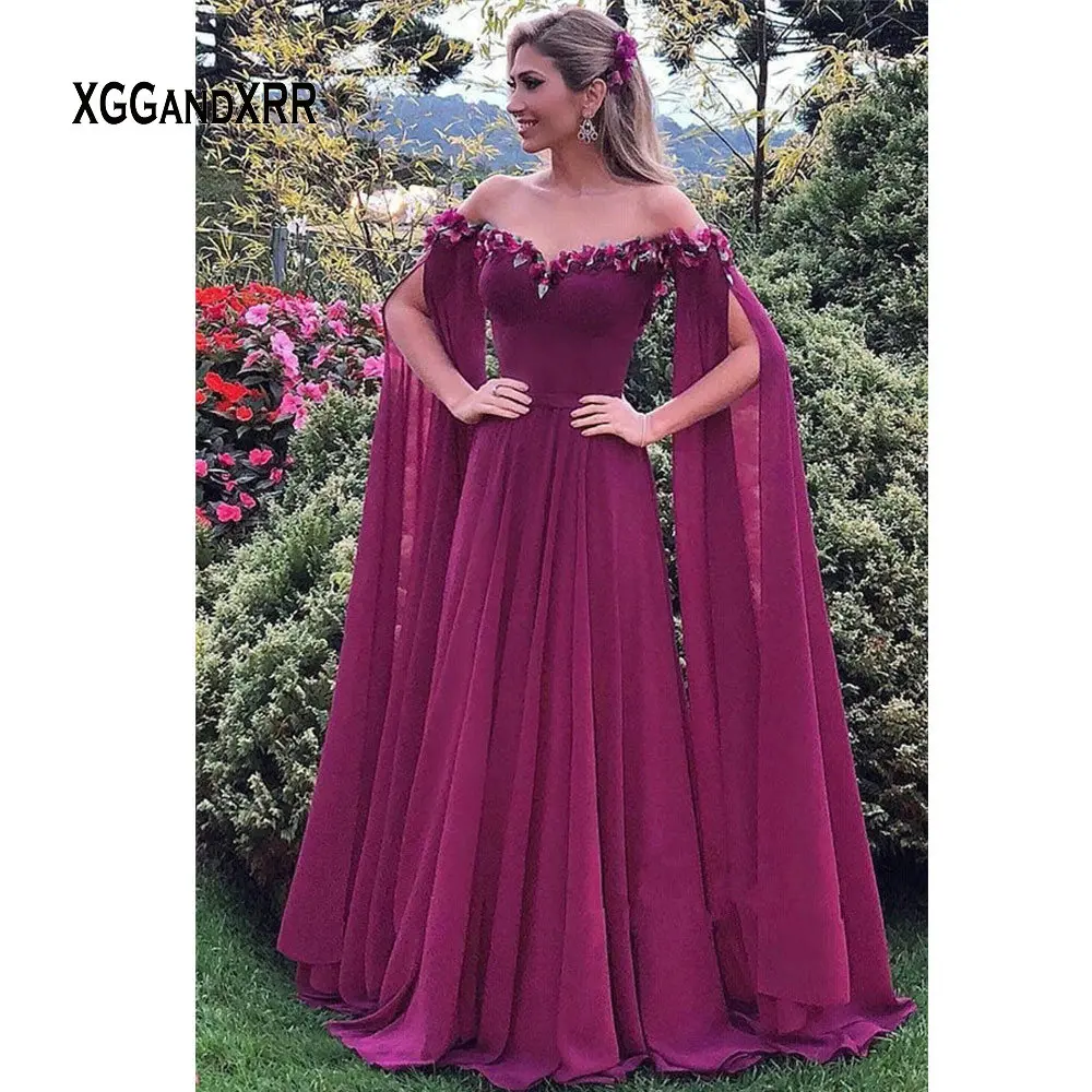 

New Arrival Long Prom Dresses 2019 Elegant 3D Floral Flower Chiffon Floor Length Evening Dress Party Gown gala jurken Plus Size