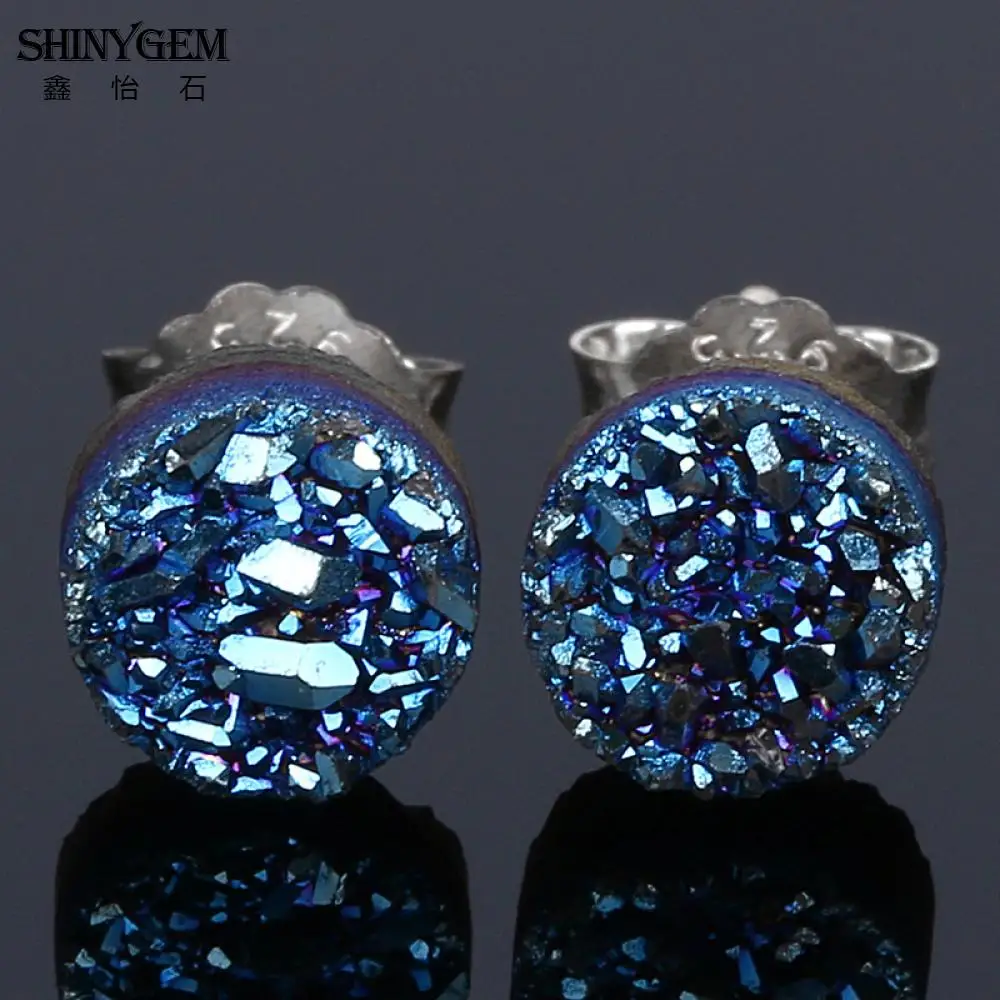 Серьги SHINYGEM 6 мм, круглые сверкающие серьги Druzy, 925 пробы, серебряные серьги-гвоздики, милые серьги с кристаллами, камень, натуральный камень, серьги для женщин