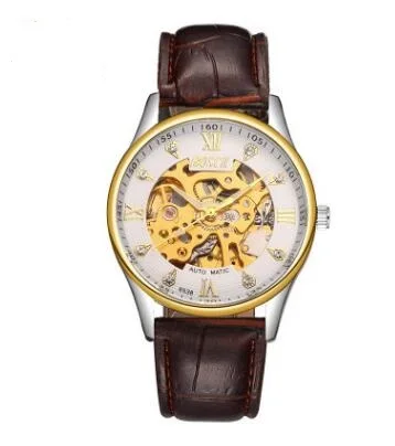 Man Brand Luxury Self Wind Automatic Mechanical Watch Men Rose Gold Case Genuine Leather Skeleton Watches relogio masculino men luxury brand casual gold full steel band skeleton automatic self wind mechanical hand wind goden relogio for man wrist watch