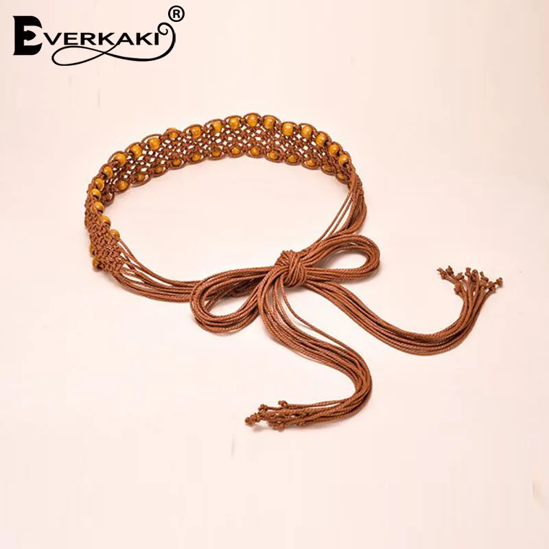 Buy Everkaki Women Belt Weaving Bead Solid Bohemian Vintage Lace Up Rope Strap