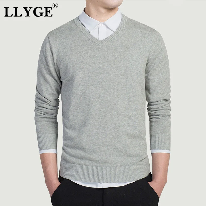 LLYGE Cotton Men V Neck Black Sweater Top Bastic Style Slim Knitted