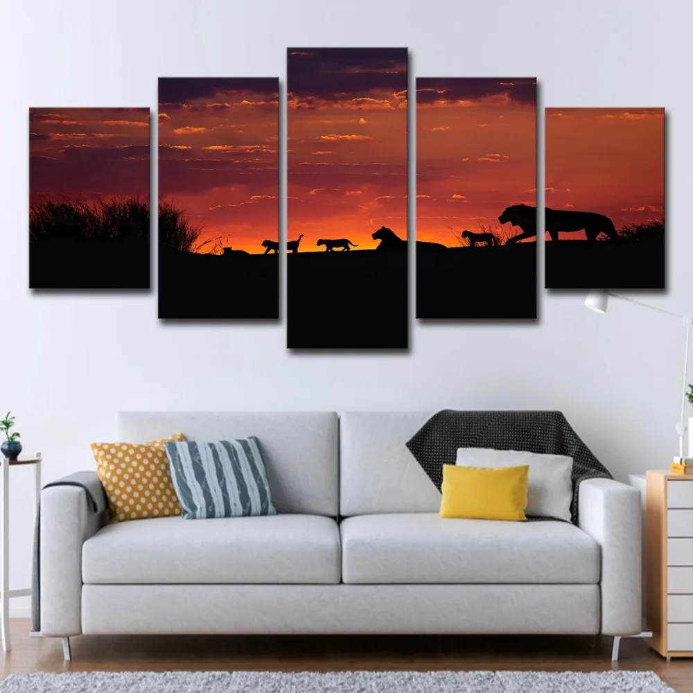 5 Piece Set Large Modern Contemporary African Sunset Animals Canvas