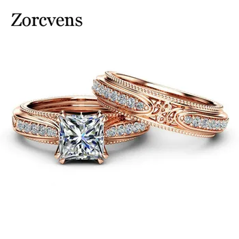 

ZORCVENS 2020 New High Quality Rose Gold Color Hollow Vintage Ring Set AAA Square Cubic Zirconia Ring for Woman Dropshipping