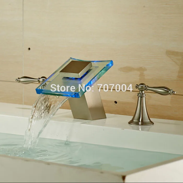 Luxury LED Light Deck Mount Waterfall Basin Sink Faucet Deck Mount Double Handle 3pcs Brushed Nickel