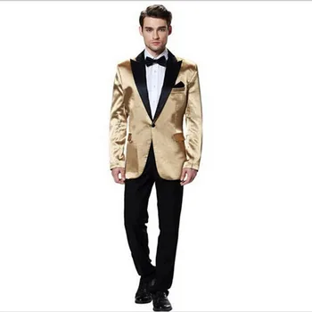 

Top Selling New High Quality costume homme groom suits Gold three Piece men suit peaked lapel formal suits ( jacket+Pants+tie)