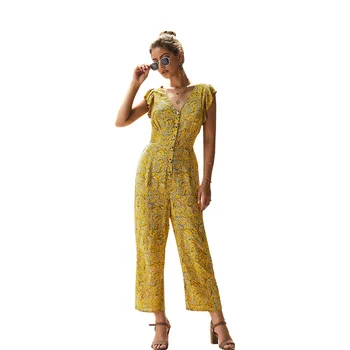 

Summer Broken Flowers Casual Straight Jumpsuit Women Butterfly Sleeve V Neck Ruffles Single row Button Chiffon Women's Overalls