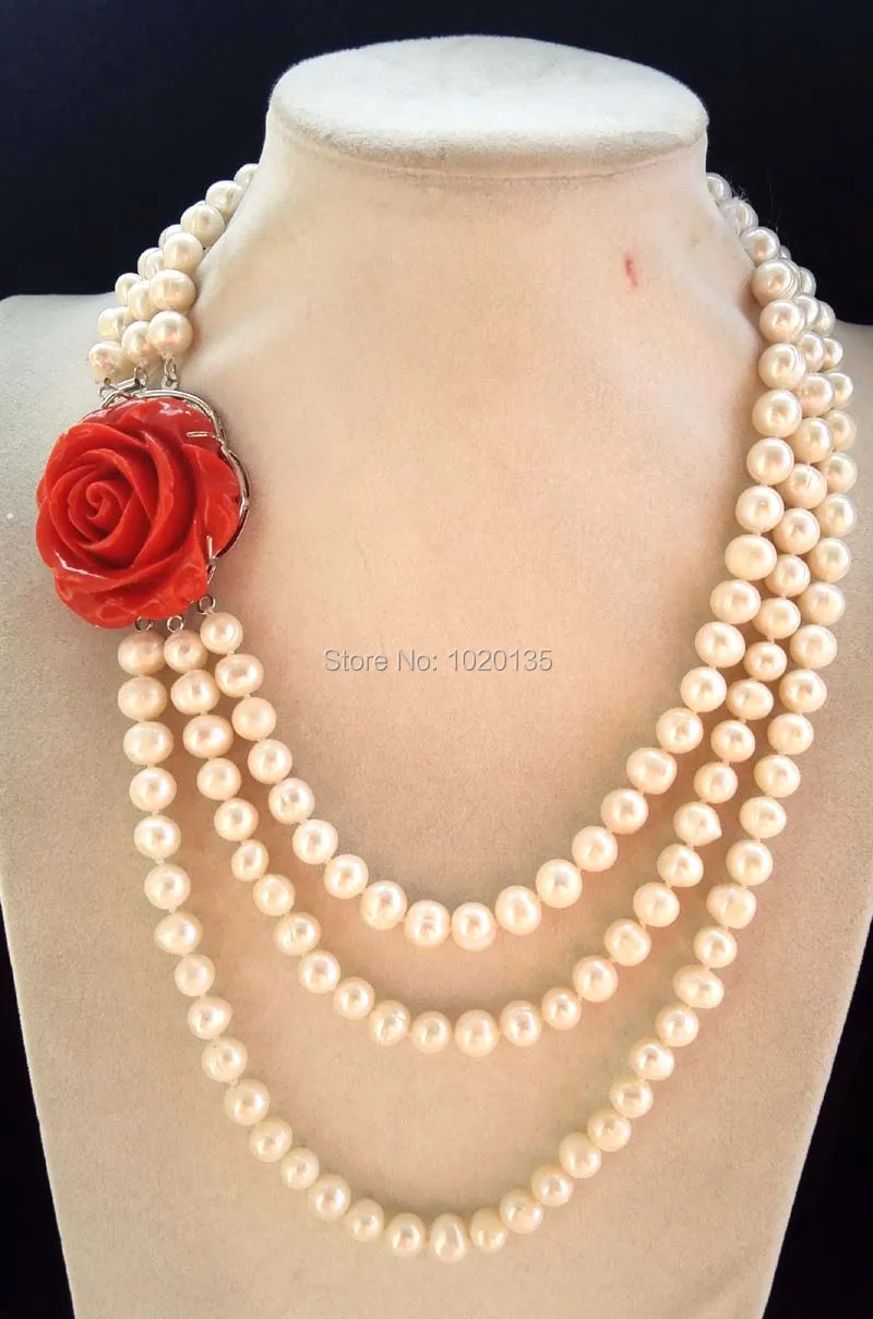 3rows freshwater pearl white near round 8 9mm 17 20inch necklace red flower clasp wholesale bead