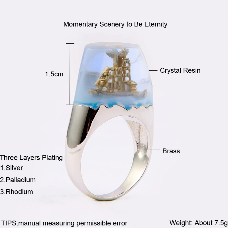 Lateefah Miniature Sailboat Resin Rings for Women Miniature Gold Sailboat in Transparent Resin Silver Color Ring Anillos Mujer