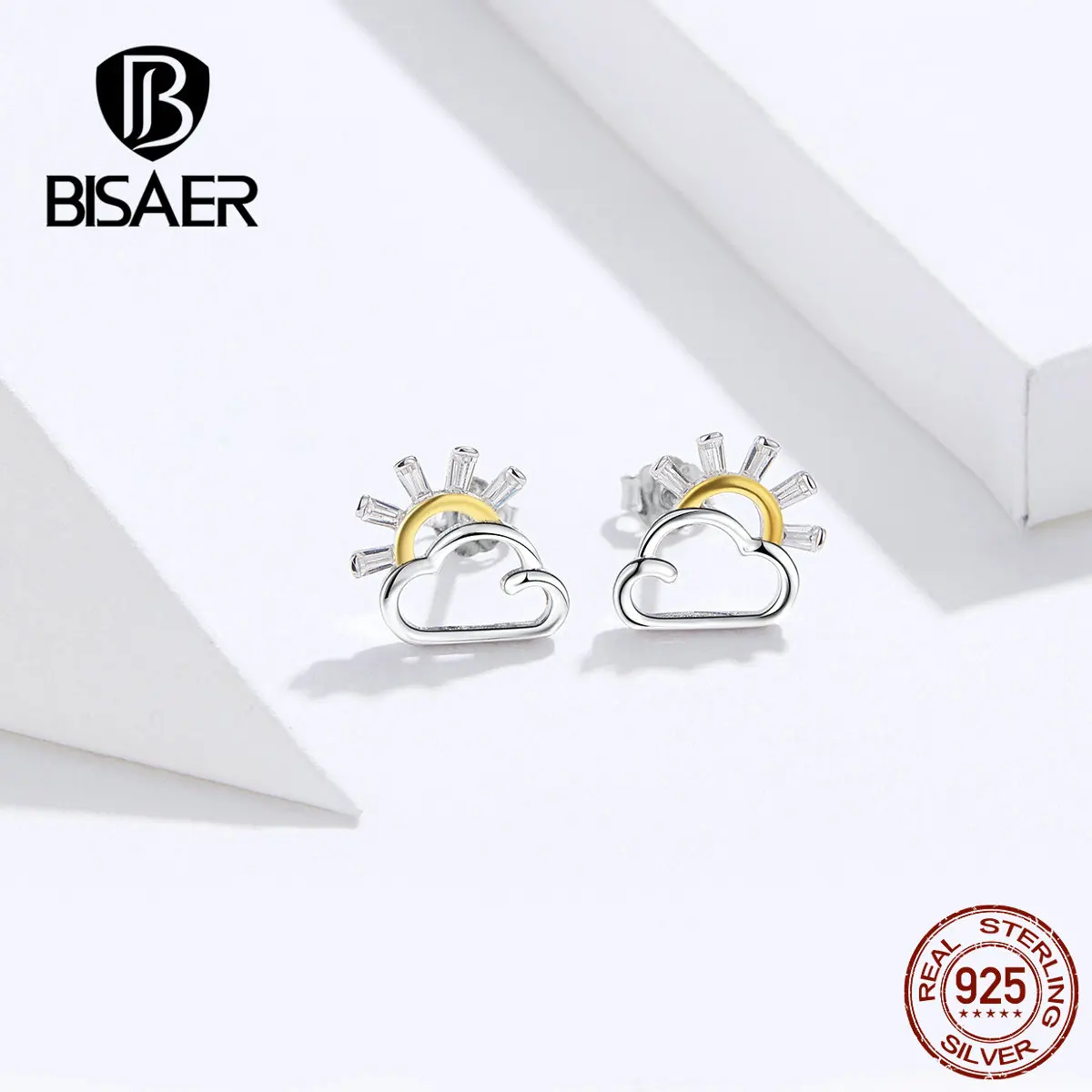 BISAER модные 925 пробы серебряные облака и солнце форма маленькие серьги гвоздики для женщин Стерлинговое серебро ювелирные изделия EFE190