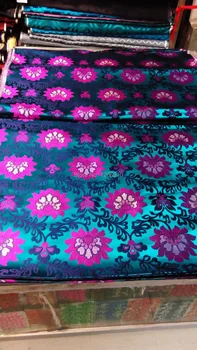 

Hangzhou silk brocade woven damask fabric cheongsam cushion dark Forest green back with Dark Voilet purple lotus flowers