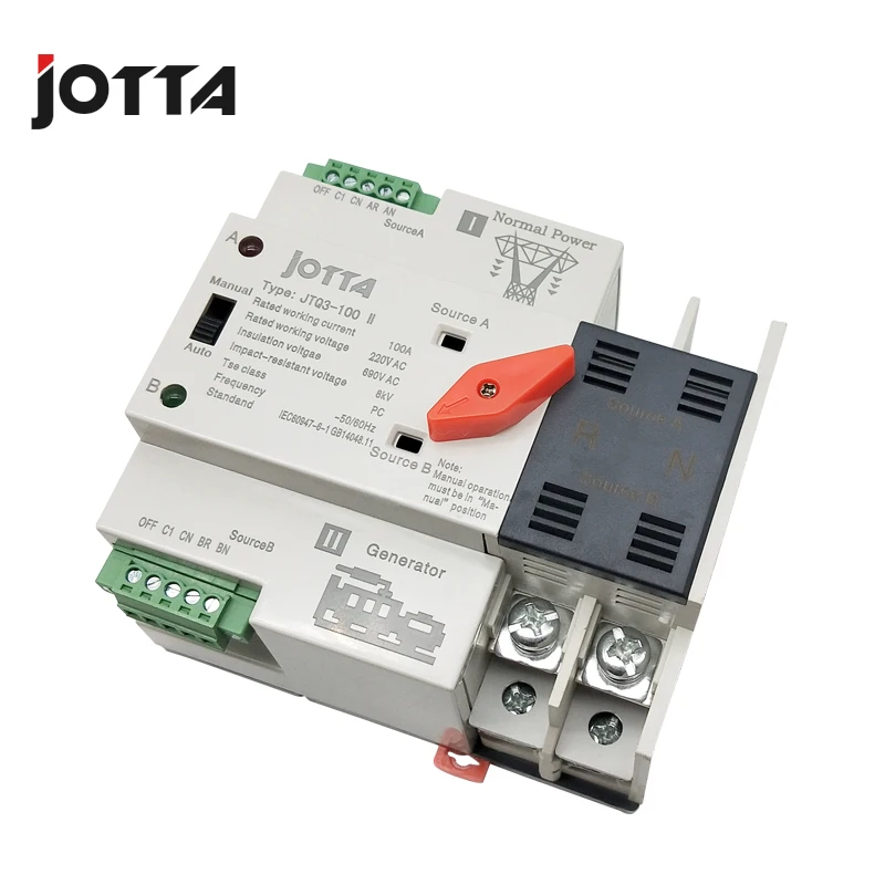 Jotta W2R-2P 220V Mini ATS Automatic Transfer Switch 100A 2P Electrical Selector Switches Dual Power Switch Din Rail Type