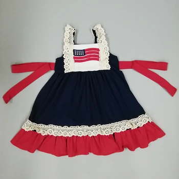 

Baby girl dress CONICE NINI July 4 holiday dress embroidery flag lace lace lovely streamers Red and black elements are fashionab