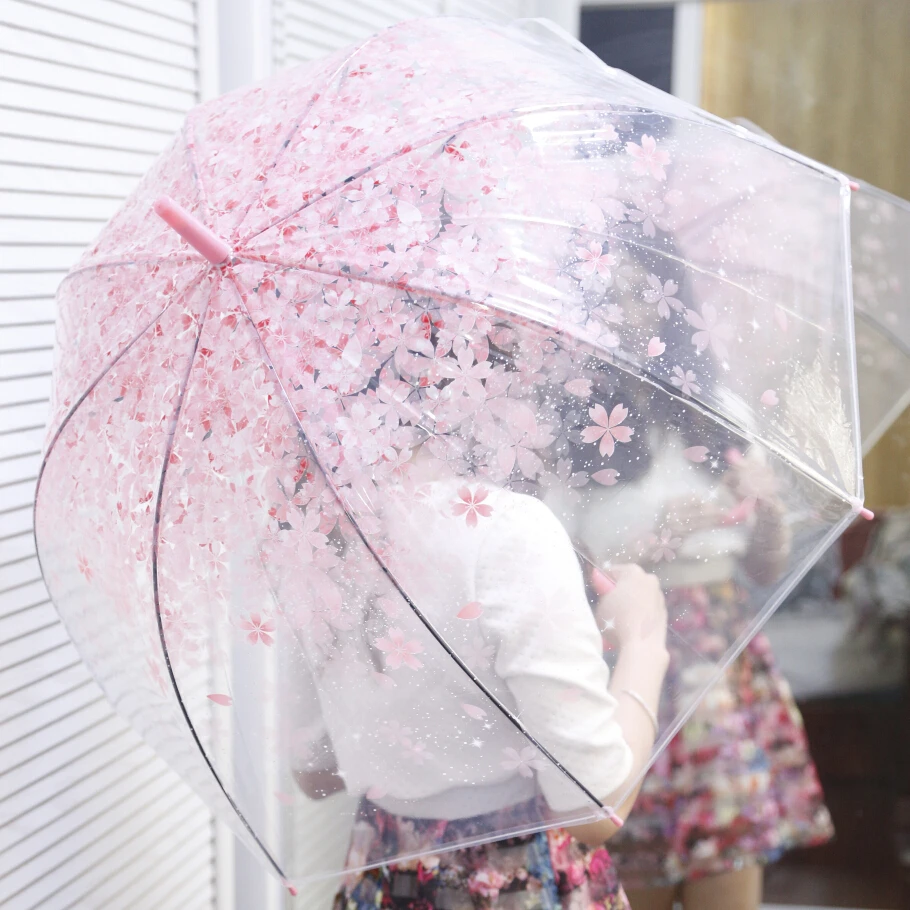 Beautiful Cherry Blossoms Transparent Umbrella Long Handle Lovely