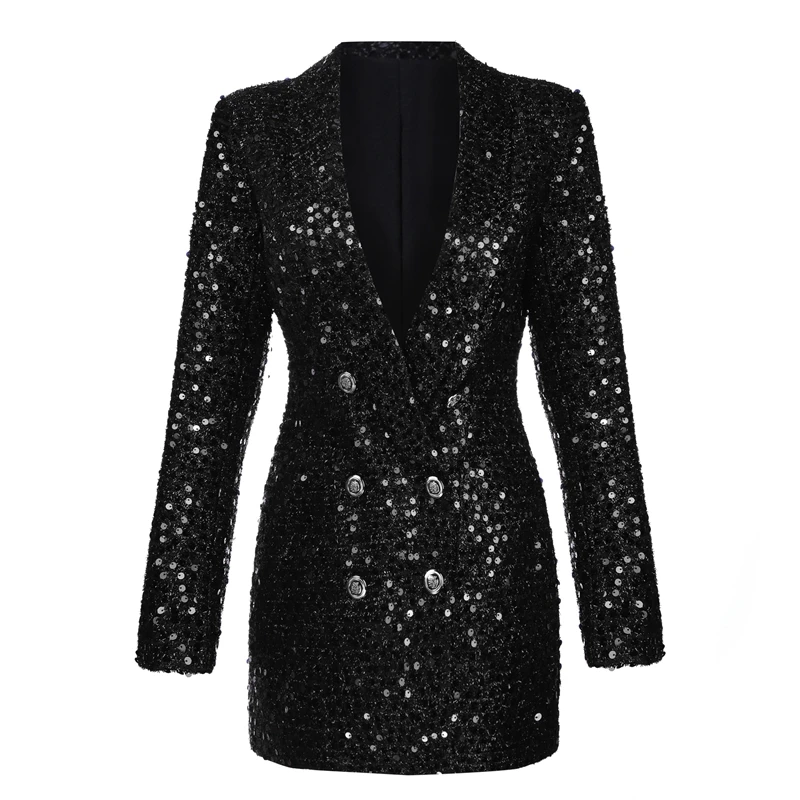 INDRESSME New Women Fashion Sequins Deep V Double Breasted Dress Long Sleeve Party Club Sexy Jacket Office Lady Solid