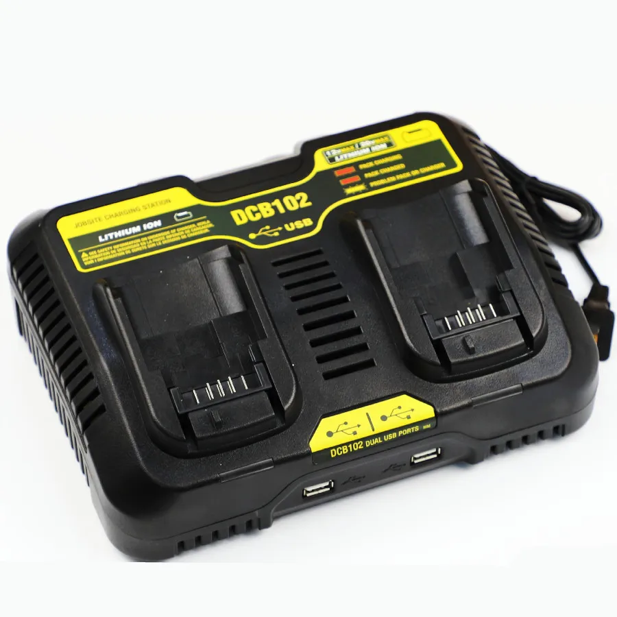 

High quality Fast charging DCB102 Li-ion Battery charger For DeWalt 12V 14.4V 18V 20V double charging postion with Dual USB Port