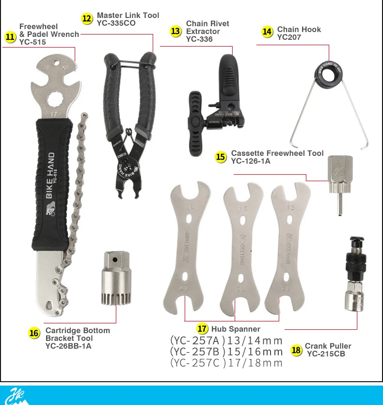 BIKEHAND YC-721, YC-728, набор инструментов для обслуживания велосипеда, 18 в 1, коробка для кривошипа, ВВ, нижний кронштейн, ступица, педаль свободного хода, ремонт спицевой цепи