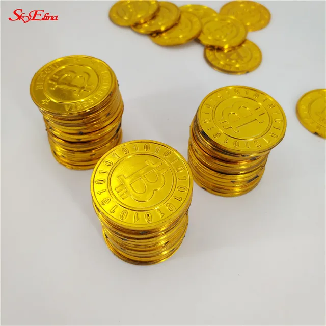 100pcs plastic gold plated Bitcoin Coin Art Collection Gift children's