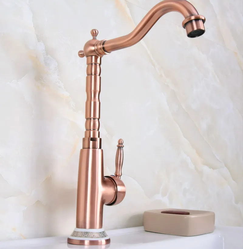 Antique Red Copper Brass Ceramic Base One Handle Bathroom Kitchen Basin Sink Faucet Mixer Tap Swivel Spout Deck Mounted mnf626