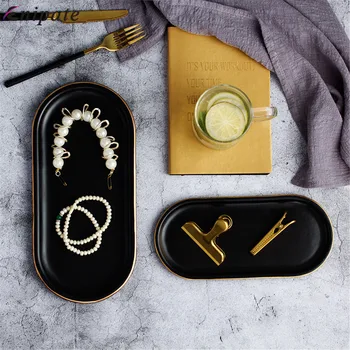 

Enipate Marble Ceramic Jewelry Plate Black Desserts Snack Small Dish Cosmetic Holder Golden Rim Storage Trays Home Decoration