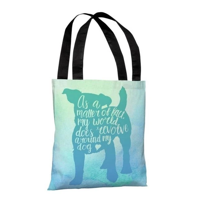 One Bella Casa 74644TT18P 18 in. World Revolves Around My Dog Polyester Tote Bag Blue & Green (1)