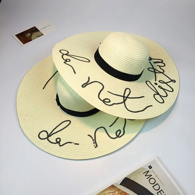 

Summer candy color Straw Large Brim Letter Sequin Embroidery folding Hats Girl Sunny Ladies Straw Boho Cap Beach sun hat