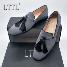 New Arrival Gray Velvet Loafers Men Fashion Handmade Black Tassel Shoes Prom And Banquet Men's Casual Dress Shoes Flats piergitar new winter special lamb wool men two color fabric shoes male party prom and banquet loafers men plus size flats
