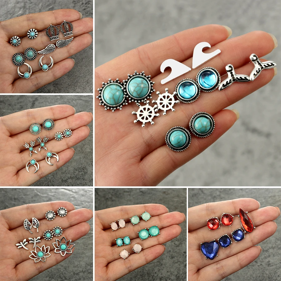 

HuaTang Bohemian Green Rhinestone Earring Wing Crown Mermaid Tail Stud Earring Fashion Earring Set Pericing Earrings Jewelry