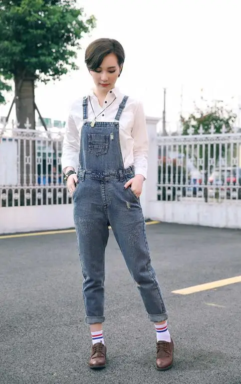 2016 Occident Fashion Style Blue Color Pure Cotton Casual Cowboy denim Overalls Ripped Bleached High Waist