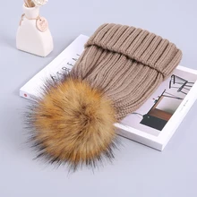 Осень женский искусственный мех помпон шапка женская зимняя теплая шапка вязаная шапочка помпон шапка женская Femme Skullies& Beanies
