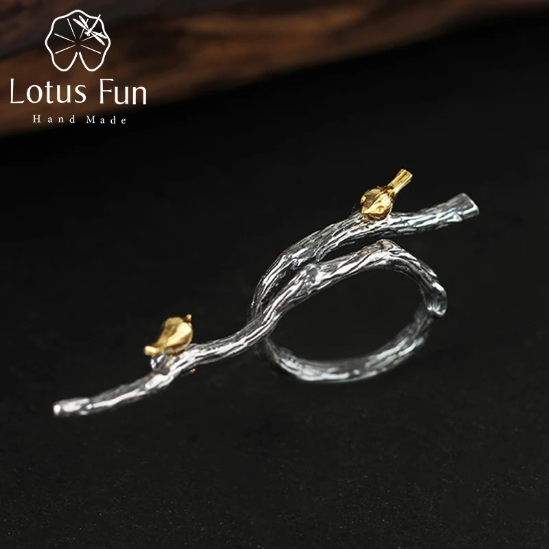 

Lotus Fun Real 925 Sterling Silver Ring Natural Handmade Designer Fine Jewelry Adjustable Ring Bird on Branch Rings for Women