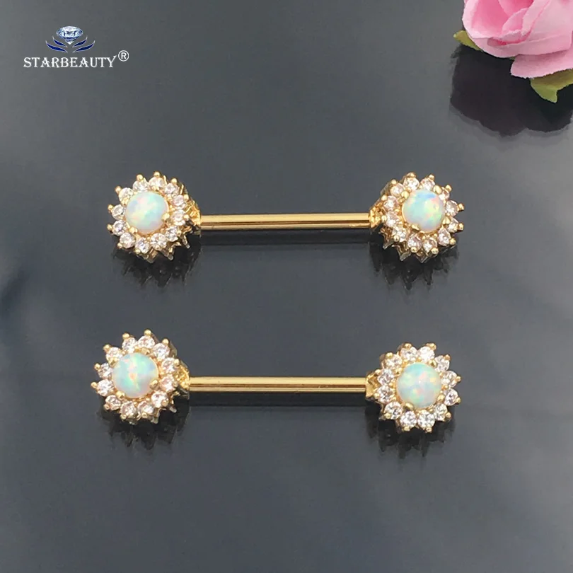 2 Pcs/lot 14g Luxury Natural Opal Nipple Ring Tongue Nipple Piercing