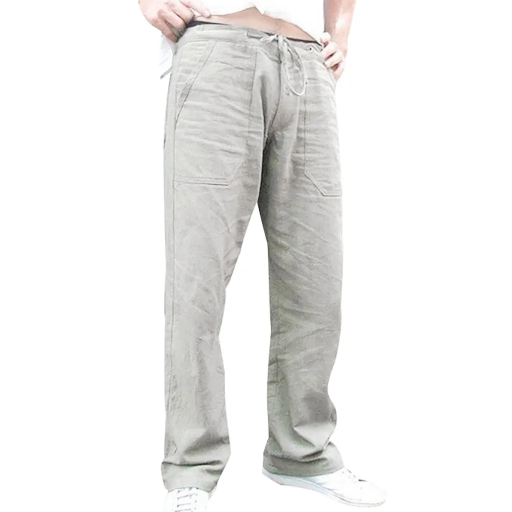 

Pants Men Splicing Printed Overalls Casual Pocket Sport Work Loose Trouser Linen Thin Pants Breathable Elastic Waist pant S-5XL