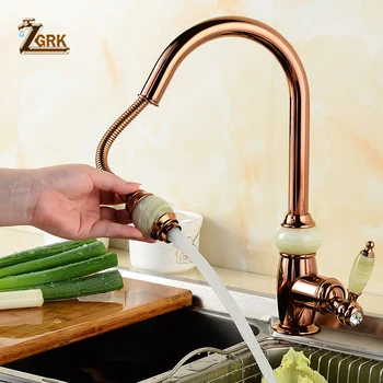 

ZGRK European Style Natural Jade Kitchen Faucet Pull Out Hot Cold Water Brass Golden kitchen Mixer Taps SLT078S