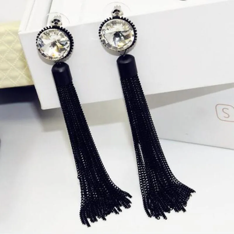 

Sparkly Round Zircon Tassel Long Earrings For Women Black Bijoux 2018 New Trendy Jewelry Wholesale Cute Gift