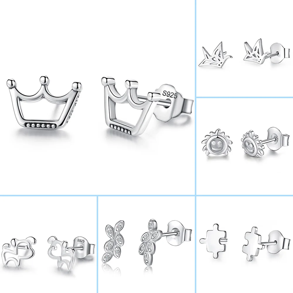 

FOREWE Fashion 925 Sterling Silver Small Earrings for Women Girls Crown Puzzle Animals Stud Earrings with CZ Statement Jewelry