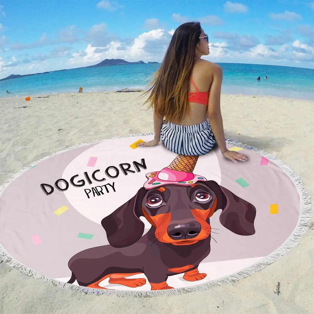 

Fashion dachshund Dog Pattern Round Beach Towel With Tassels Microfiber 150cm Picnic Blanket Mat Tapestry ST1009