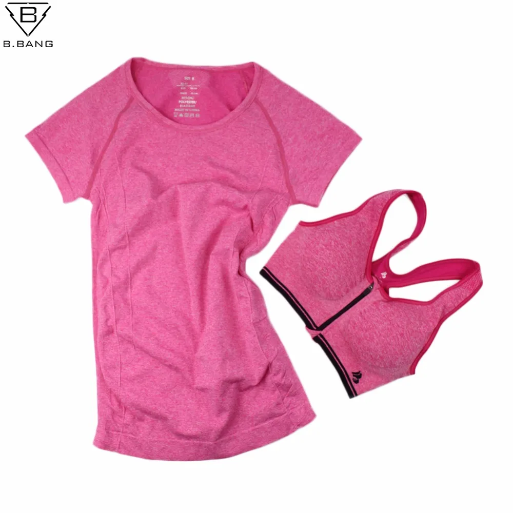 

B.BANG Women Yoga Sets for Gym Running Sportswear Suit Sport T-shirt + Bra Set Sports Tops Quick-Dry Fitness Clothing for Woman