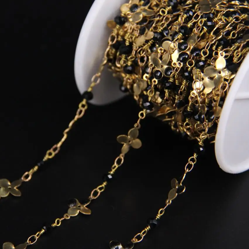 Oil Drip Flower Link Black Glass Chian,Black Crystal Faceted Rondelle Brass Wire Wrapped Rosary Chain Sweater Chain Necklace Jewelry Findings