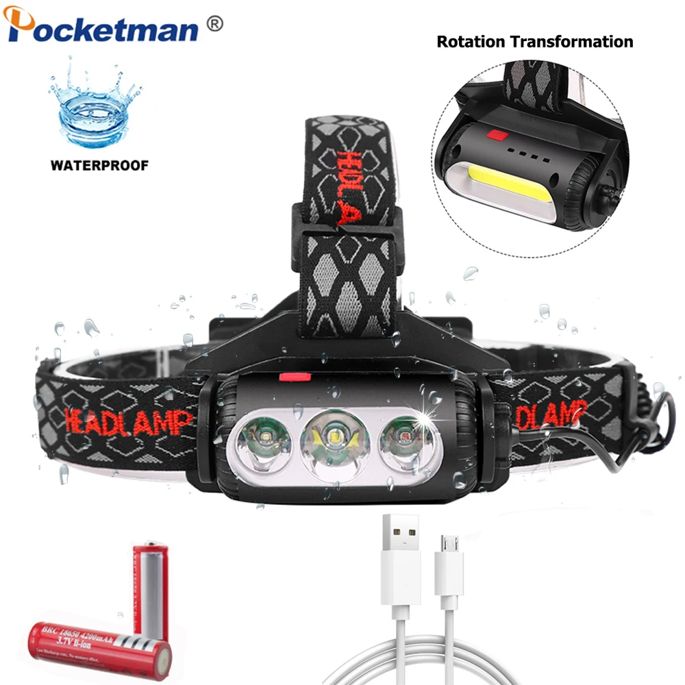 Мощный налобный фонарь COB+ T6 светодиодный налобный светильник водонепроницаемый IPX-5 налобный светильник перезаряжаемый Головной фонарь с вращающейся головной лампой/18650